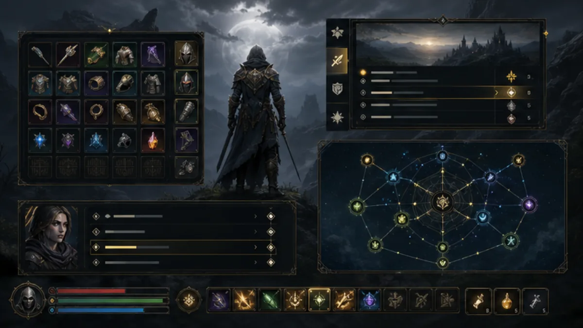 Модульный RPG-интерфейс Реликт с инвентарём, навыками и журналом заданий
