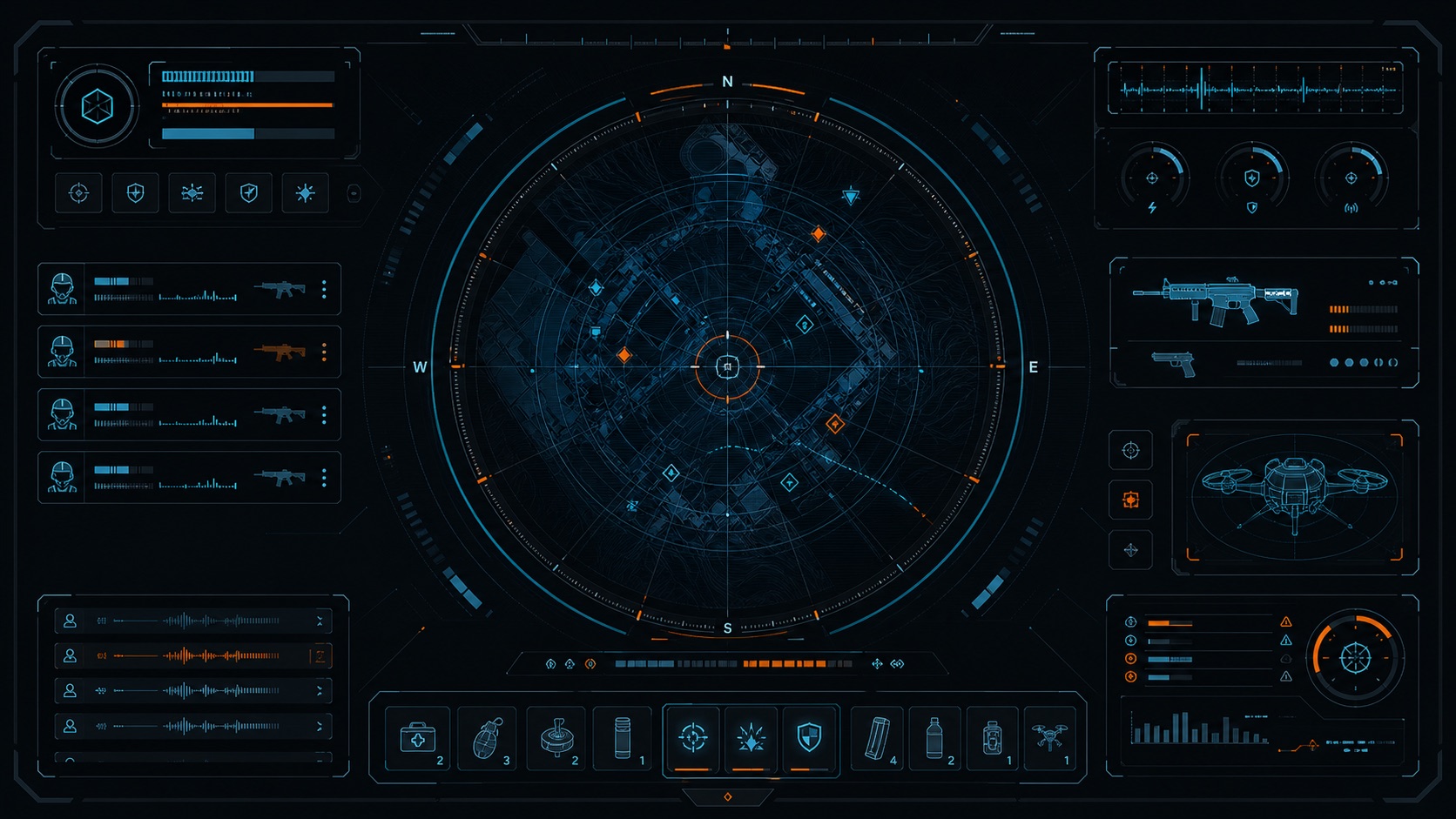 Тактический игровой HUD Контур с круговой картой и телеметрией